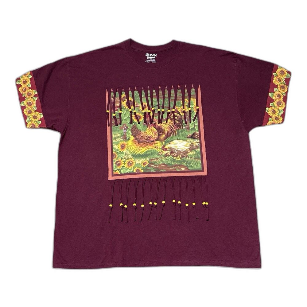 Gildan Tee XL Rooster Farm Graphic Burgundy Fringe Beaded Sunflower Upcycled